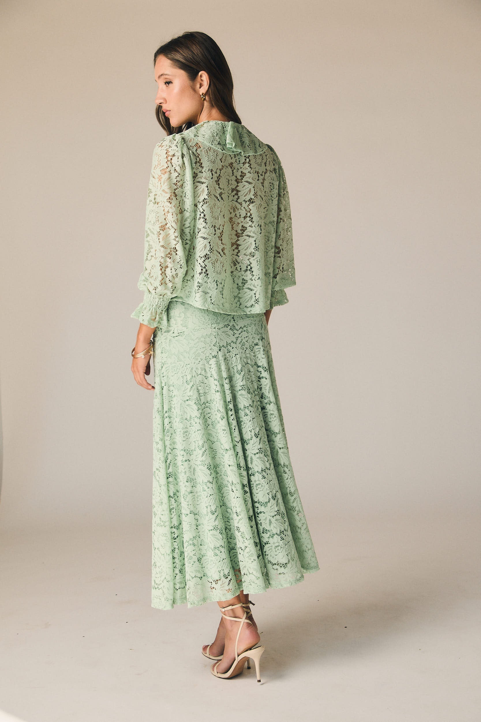Falda midi encaje vuelo verde