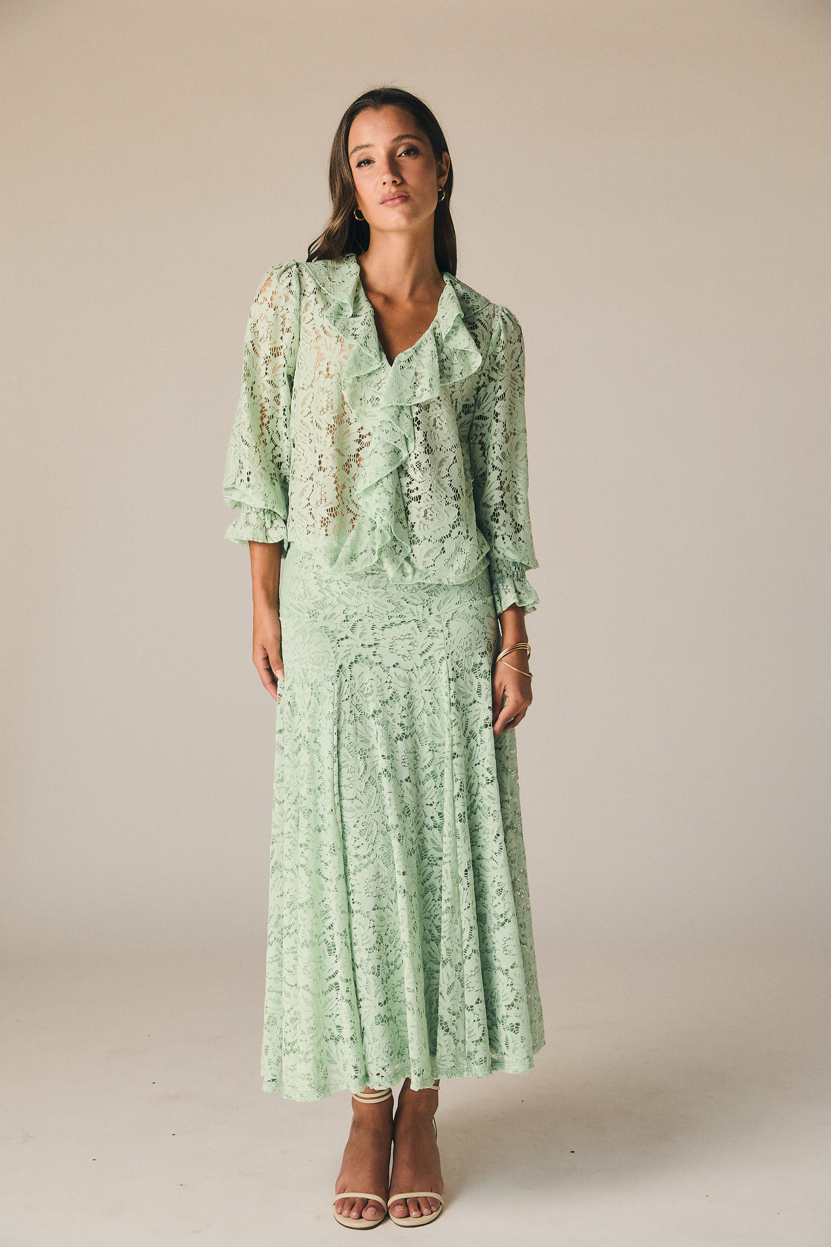 Falda midi encaje vuelo verde