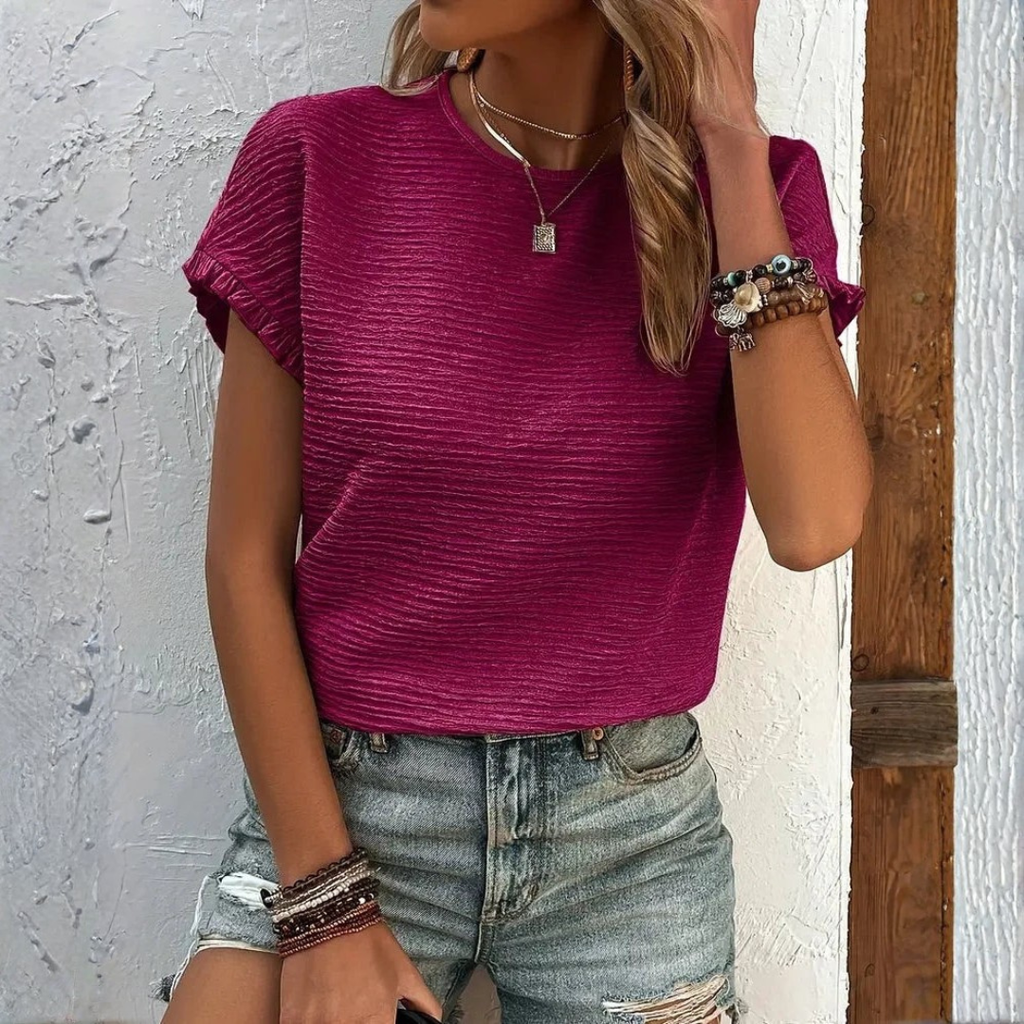 Aroa | Camiseta Básica Mujer Manga Corta Volantes Cuello Redondo Textura Lisa