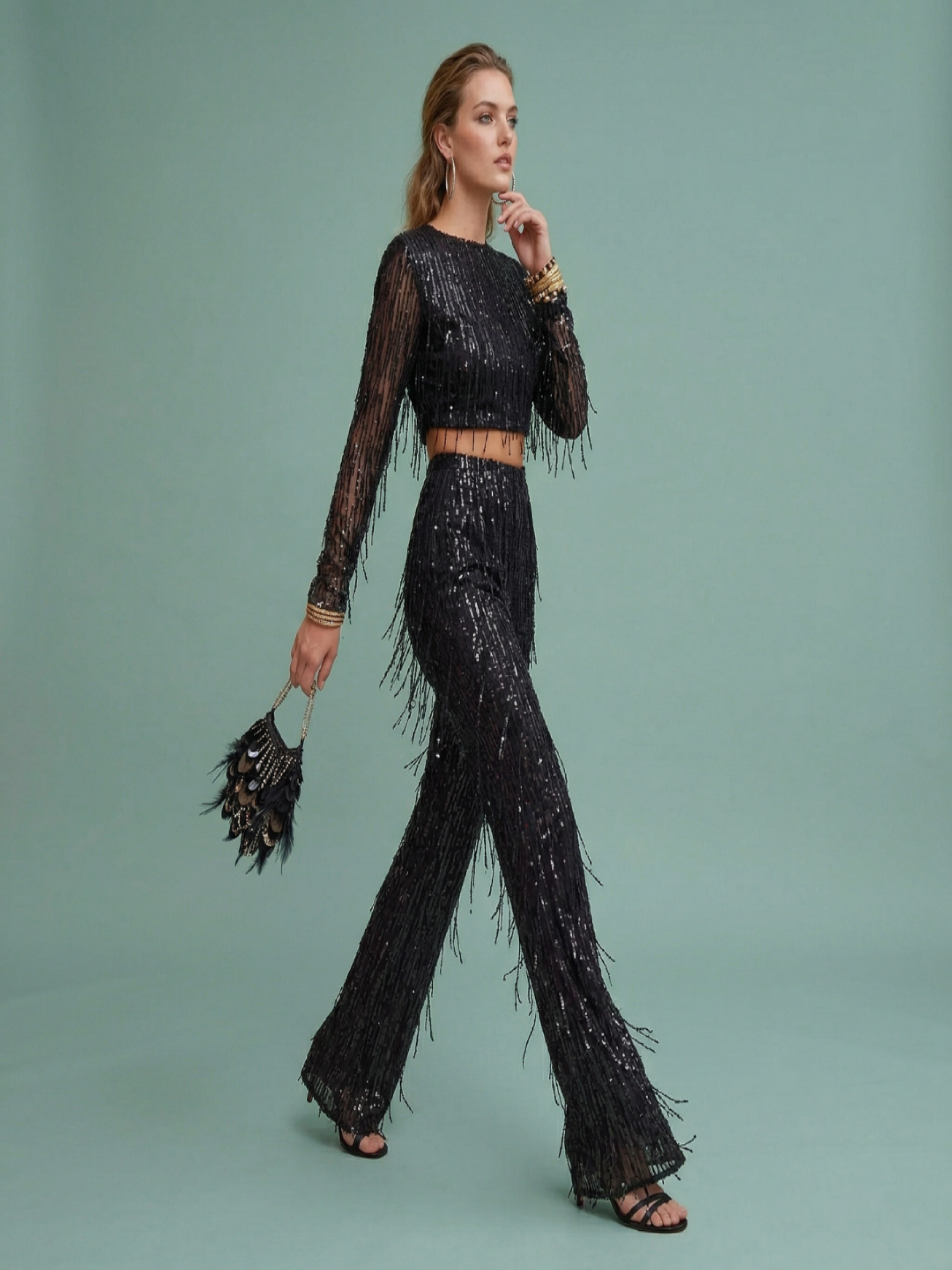 Esperanza | Conjunto Crop Top y Pantalón Palazzo de Lentejuelas Mujer