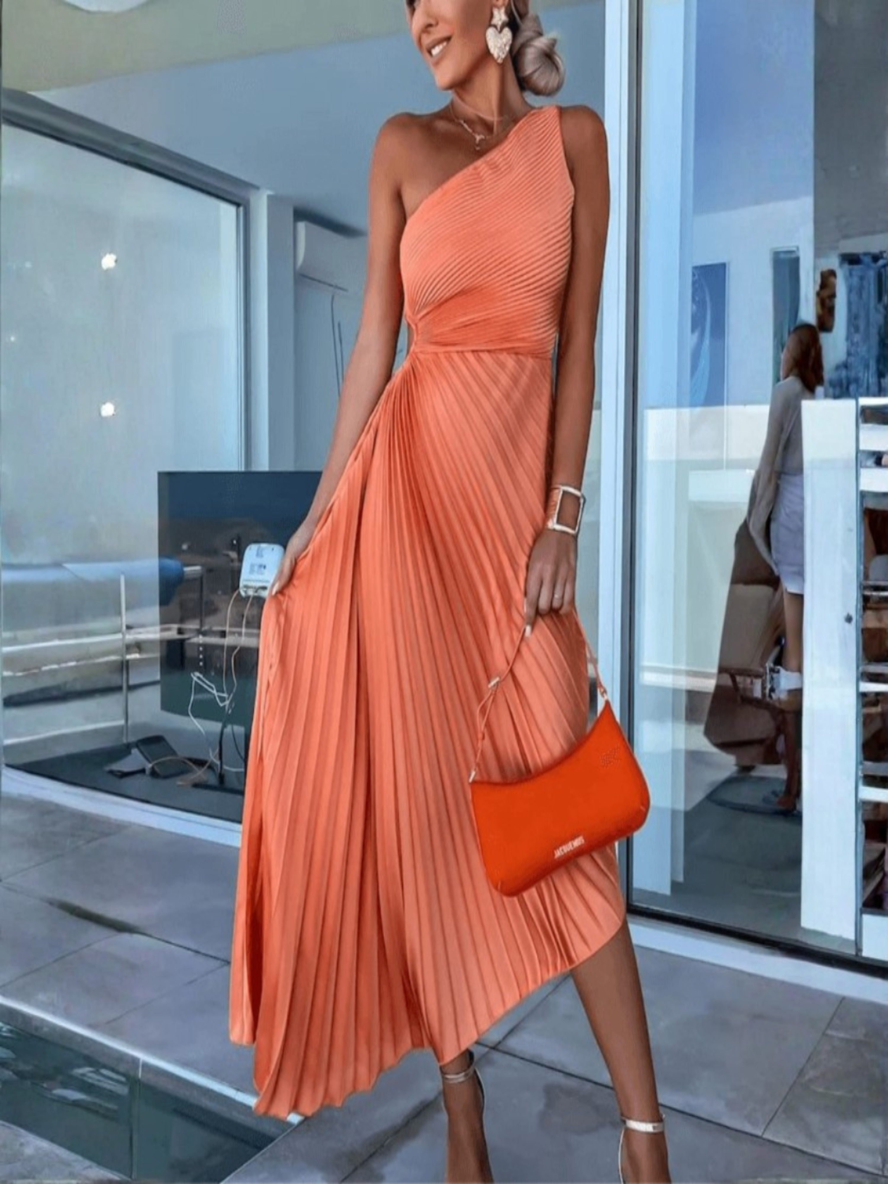 Naia | Vestido Midi de Invitada de Boda Mujer Asimétrico Un Hombro Plisado