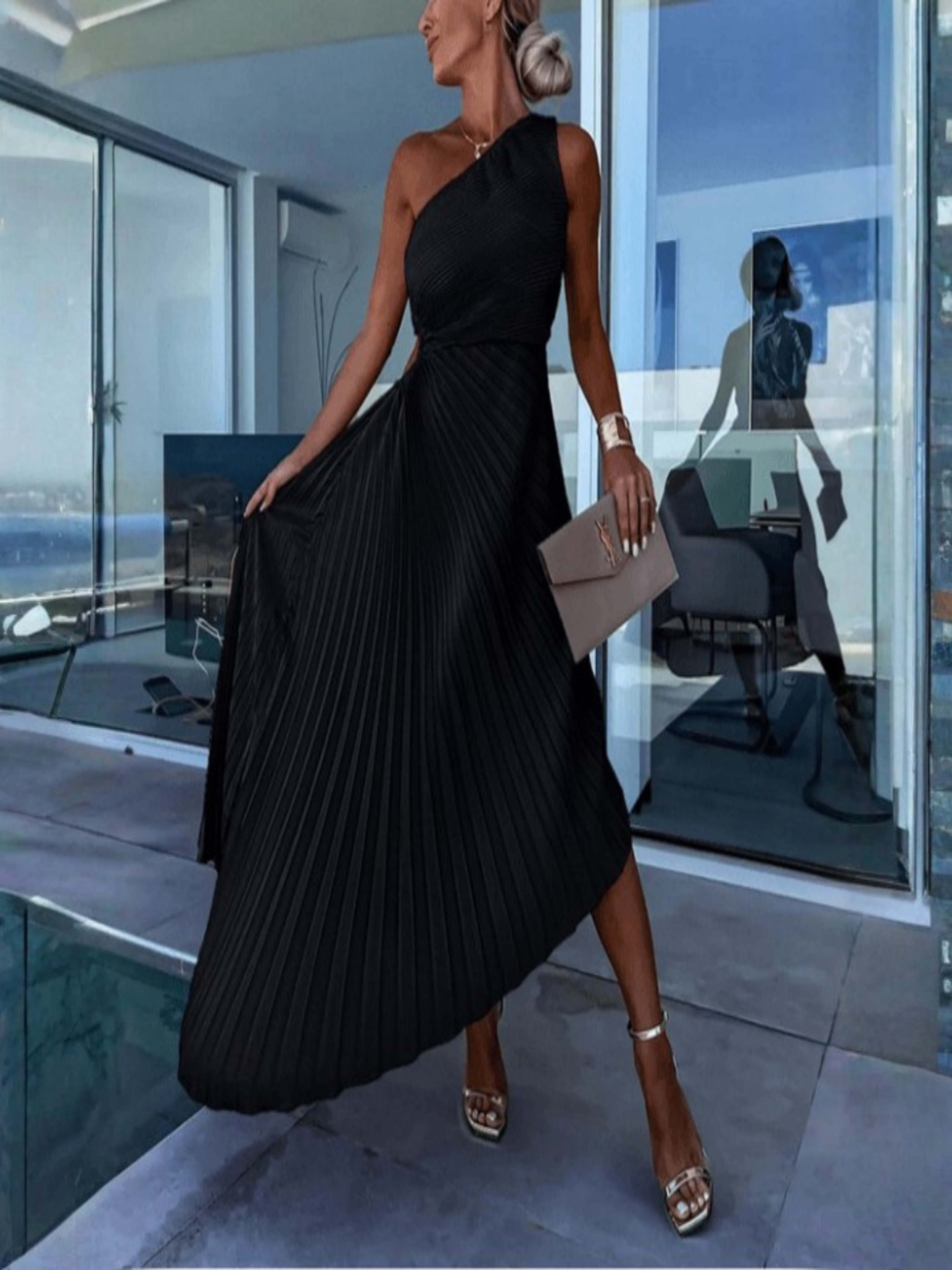 Naia | Vestido Midi de Invitada de Boda Mujer Asimétrico Un Hombro Plisado