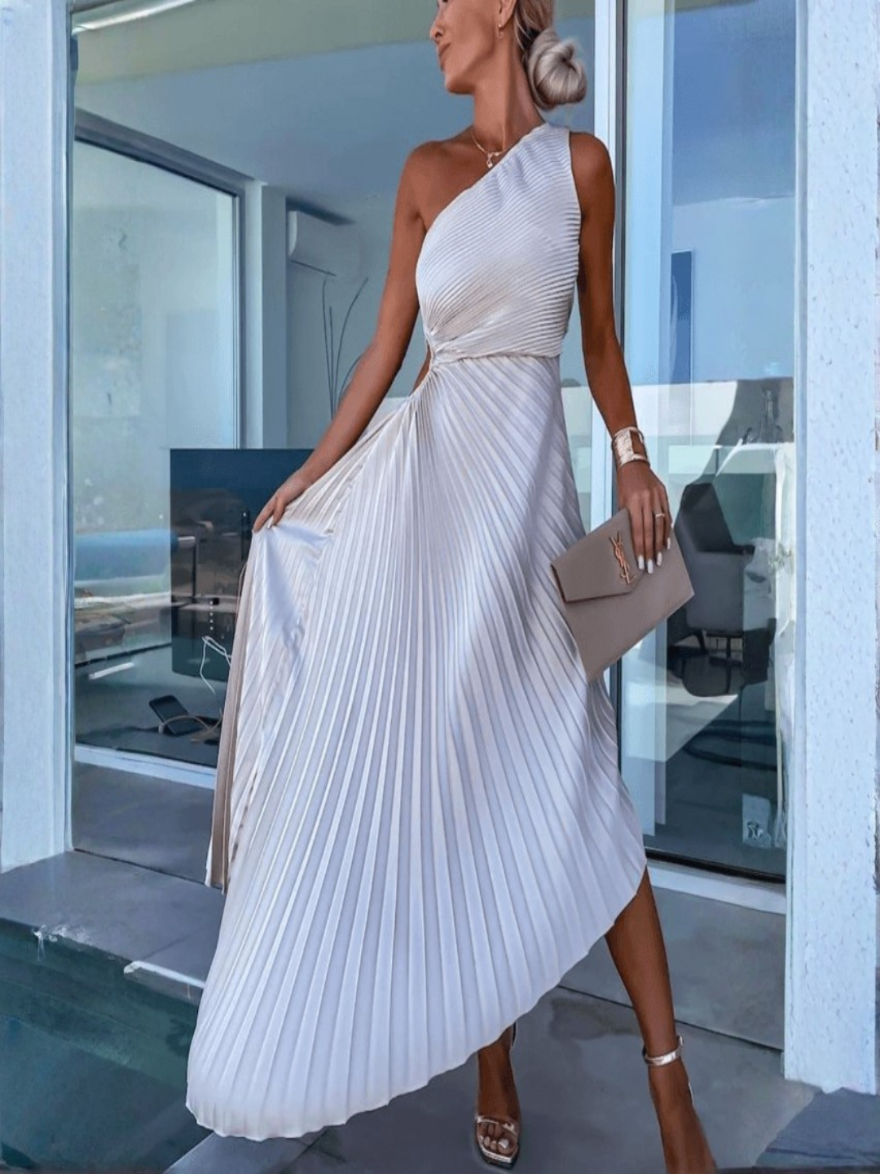 Naia | Vestido Midi de Invitada de Boda Mujer Asimétrico Un Hombro Plisado