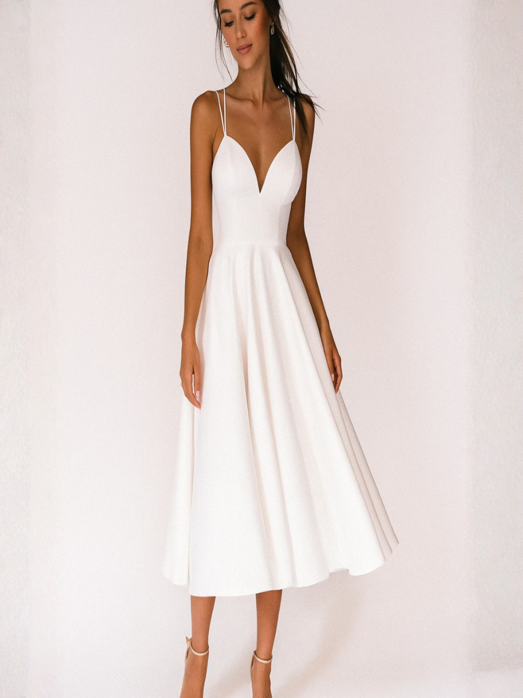 Noelia | Vestido Midi de Tirantes para Invitadas de Boda | Escote V | Falda con Vuelo