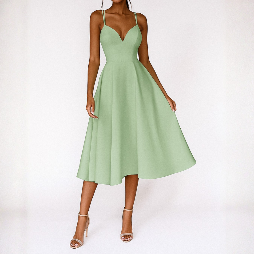 Noelia | Vestido Midi de Tirantes para Invitadas de Boda | Escote V | Falda con Vuelo