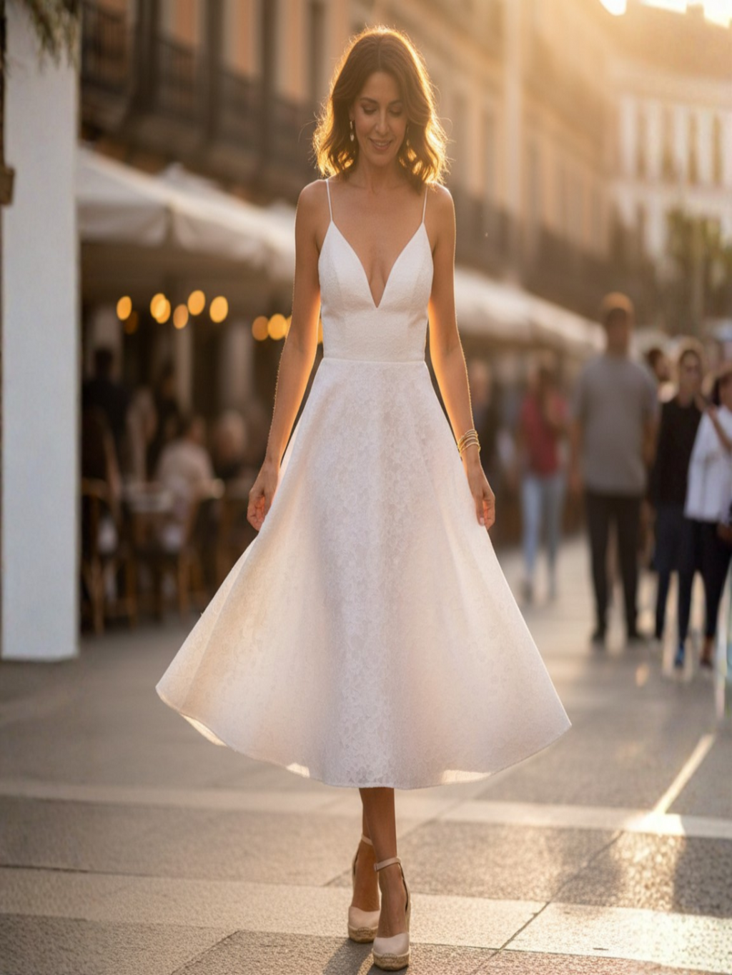 Noelia | Vestido Midi de Tirantes para Invitadas de Boda | Escote V | Falda con Vuelo
