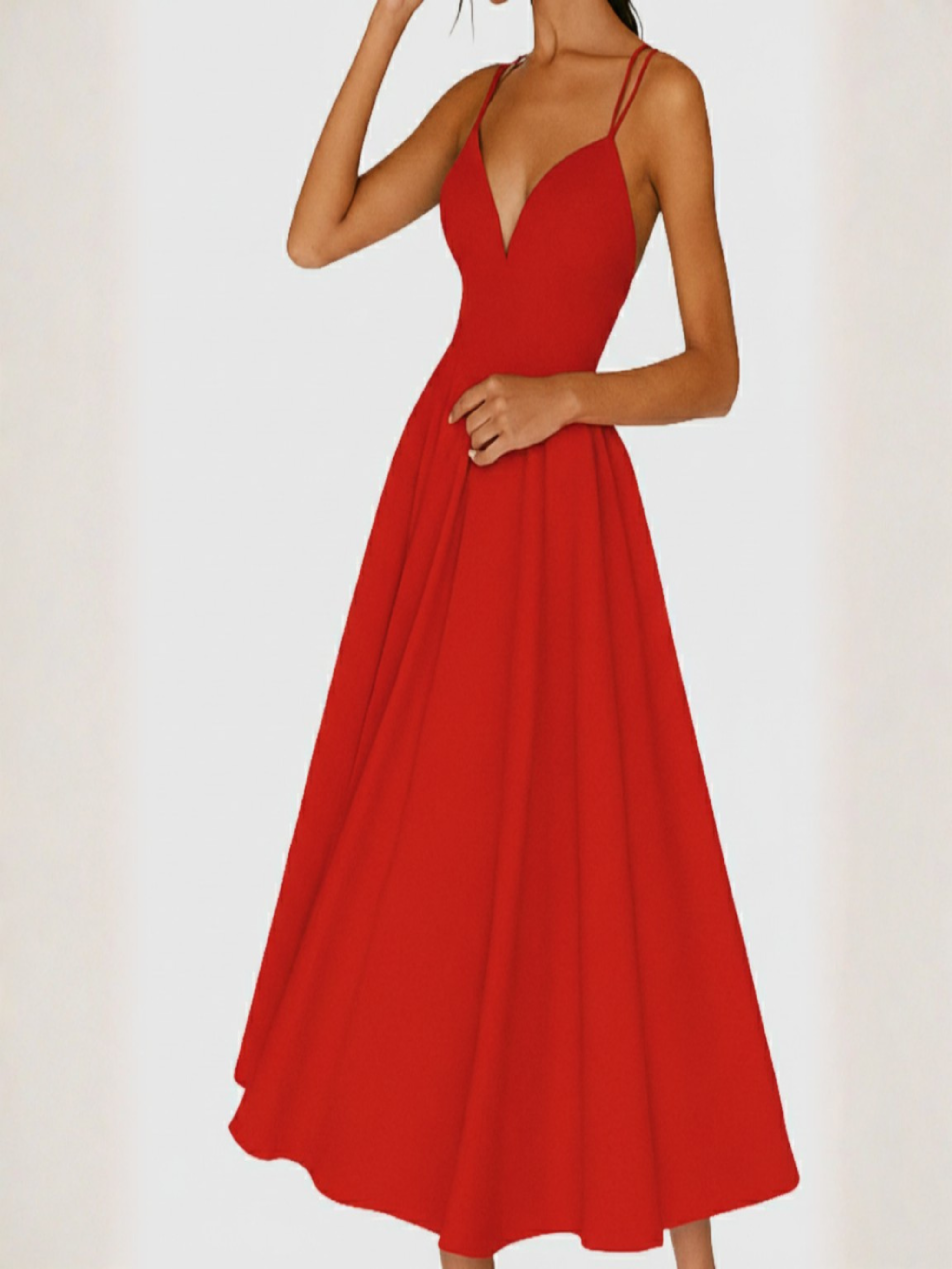Noelia | Vestido Midi de Tirantes para Invitadas de Boda | Escote V | Falda con Vuelo