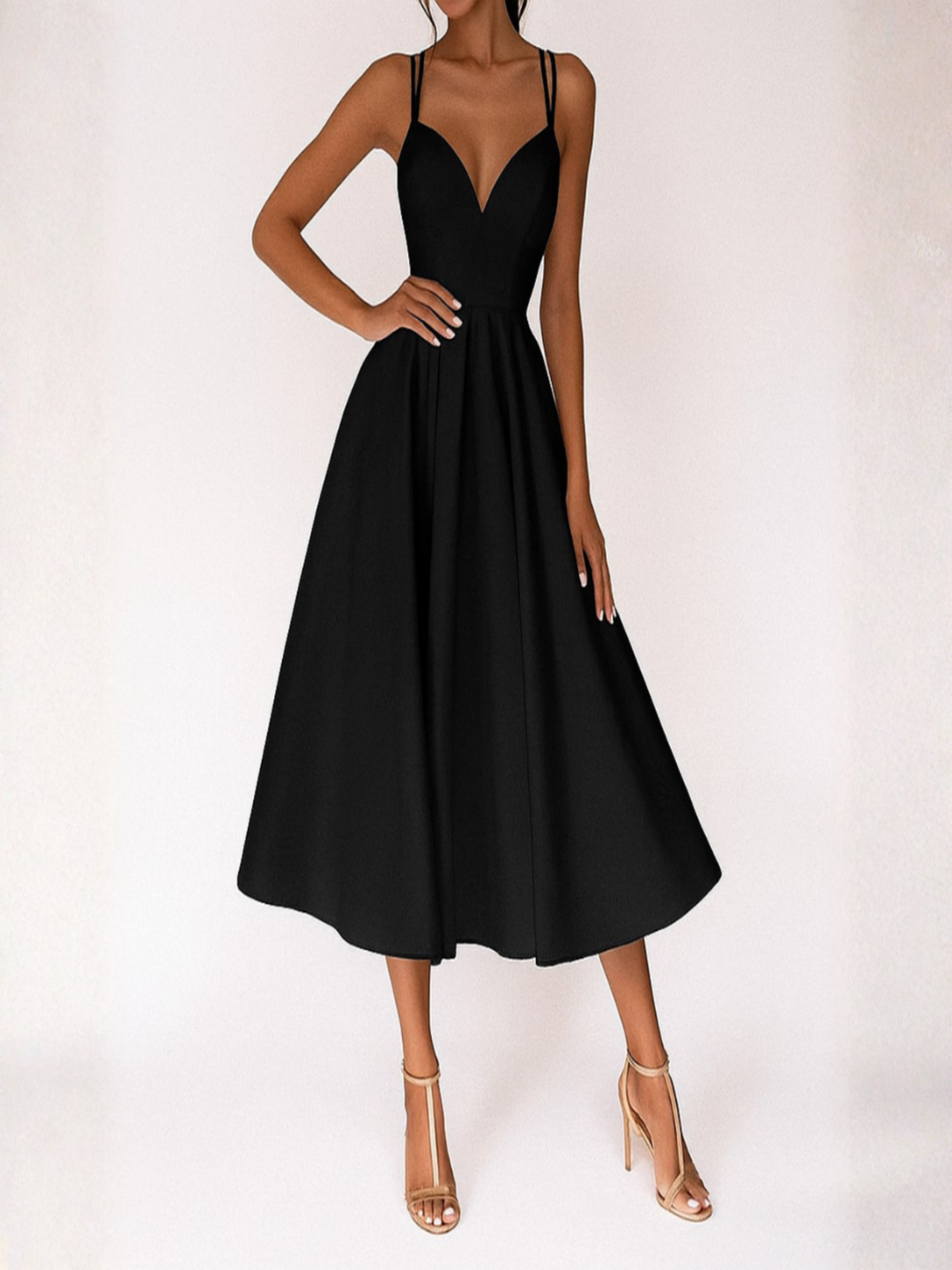 Noelia | Vestido Midi de Tirantes para Invitadas de Boda | Escote V | Falda con Vuelo