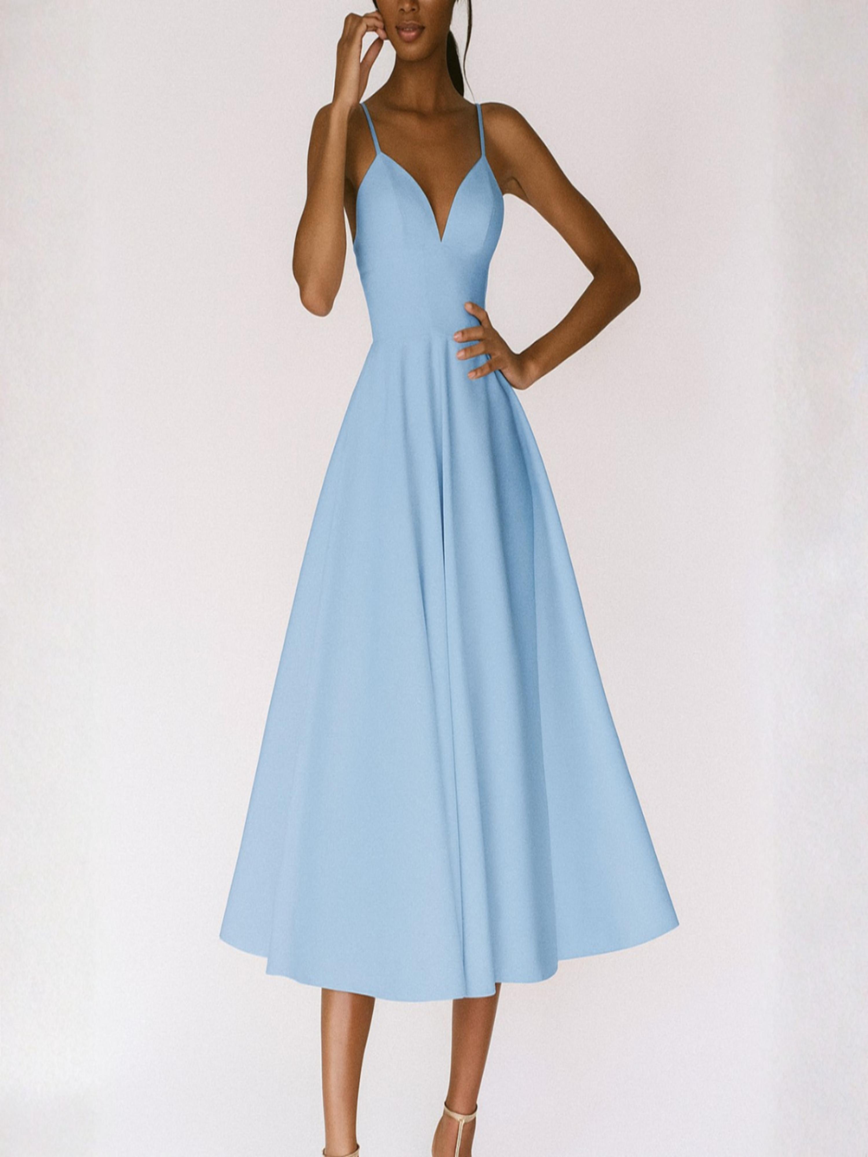 Noelia | Vestido Midi de Tirantes para Invitadas de Boda | Escote V | Falda con Vuelo