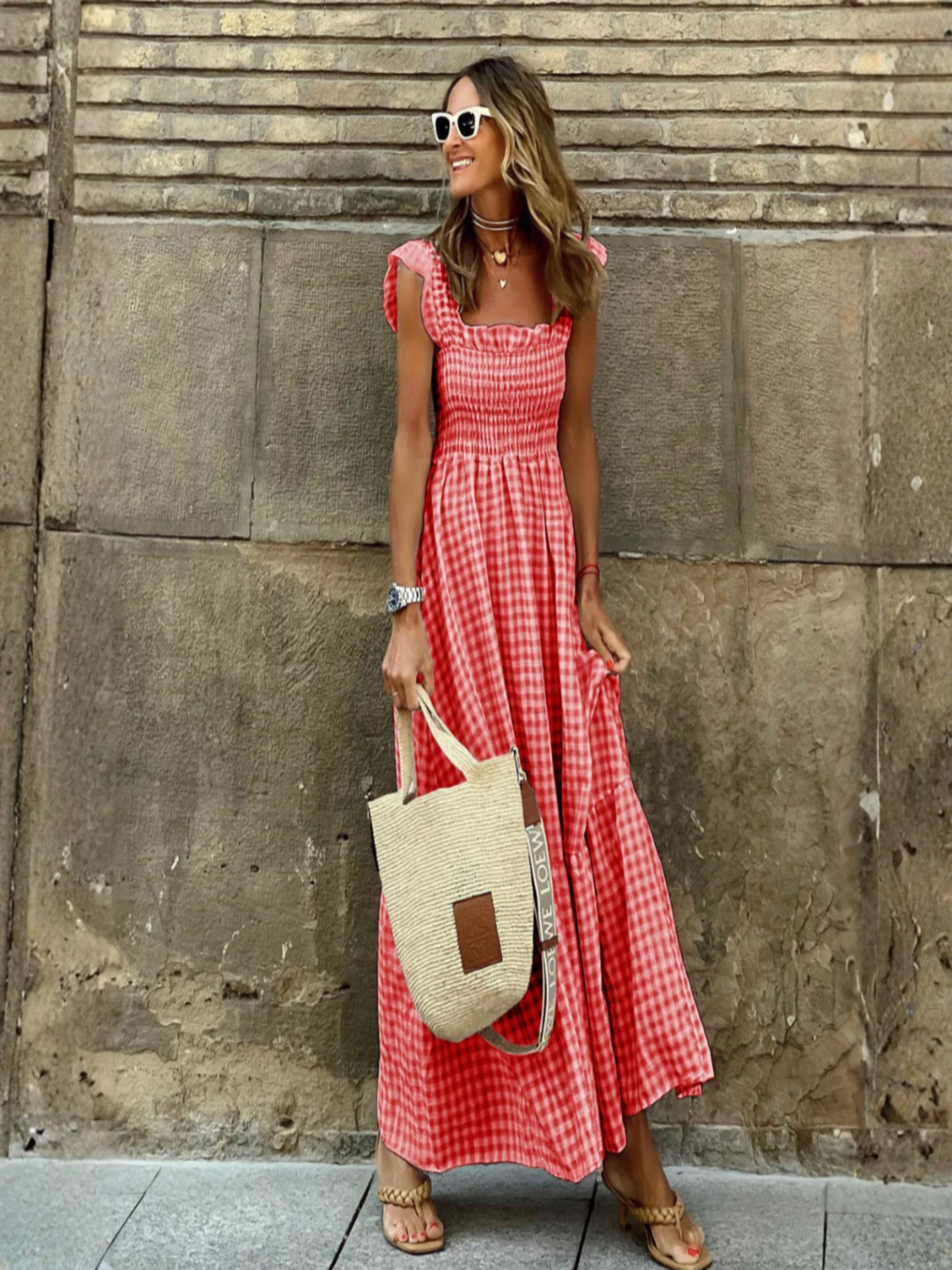 Sofía | Vestido Boho Largo Mujer | Con Detalle de Xadrez y Elástico en el Cuerpo