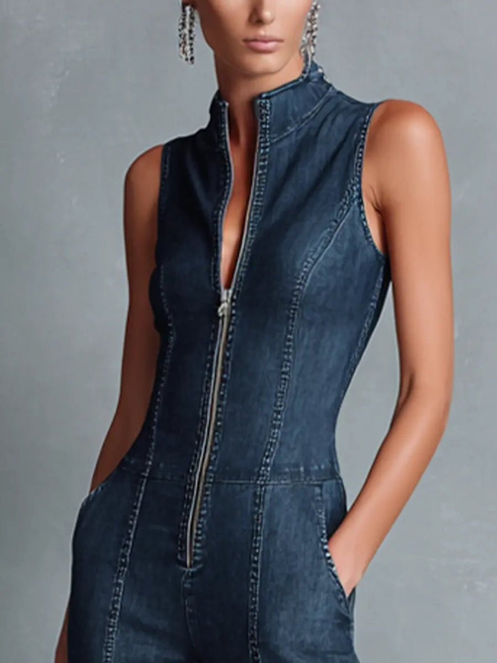 Macarena | Mono Largo Elegante de Mezclilla Mujer Cuello Alto Cremallera