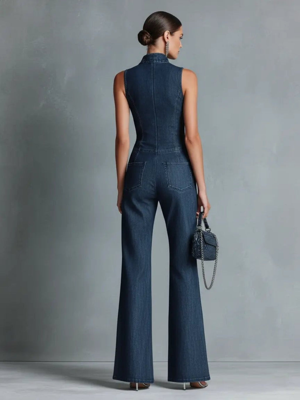 Macarena | Mono Largo Elegante de Mezclilla Mujer Cuello Alto Cremallera