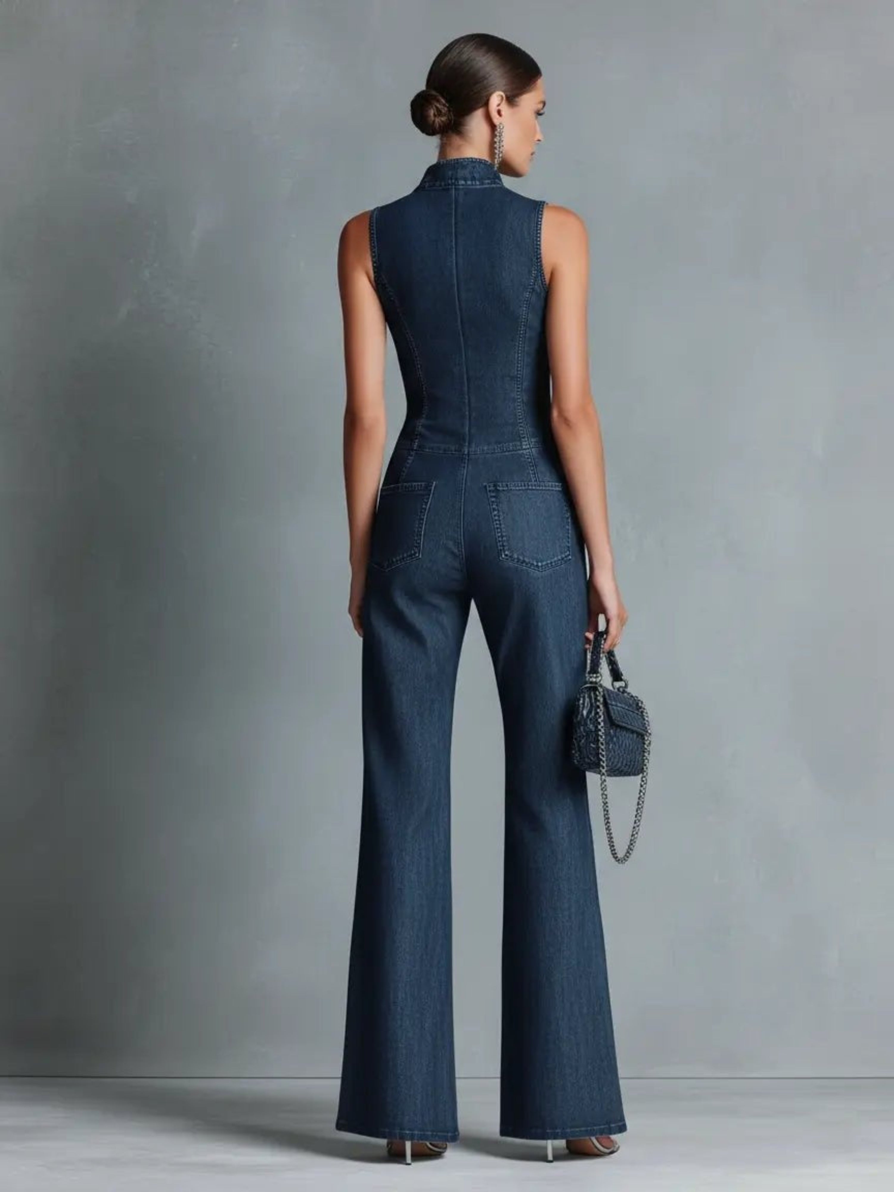 Macarena | Mono Largo Elegante de Mezclilla Mujer Cuello Alto Cremallera