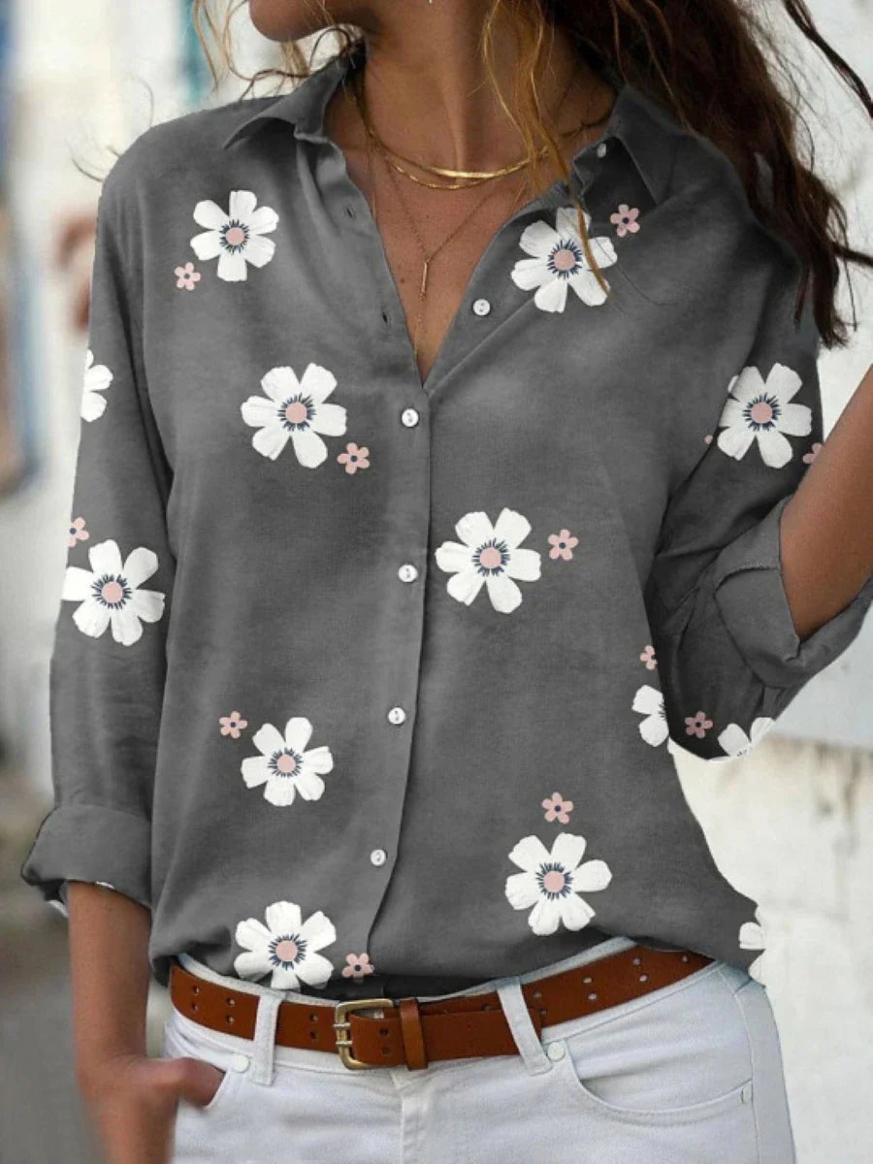 Sandra | Camisa Estampada de Manga Larga Mujer Botones