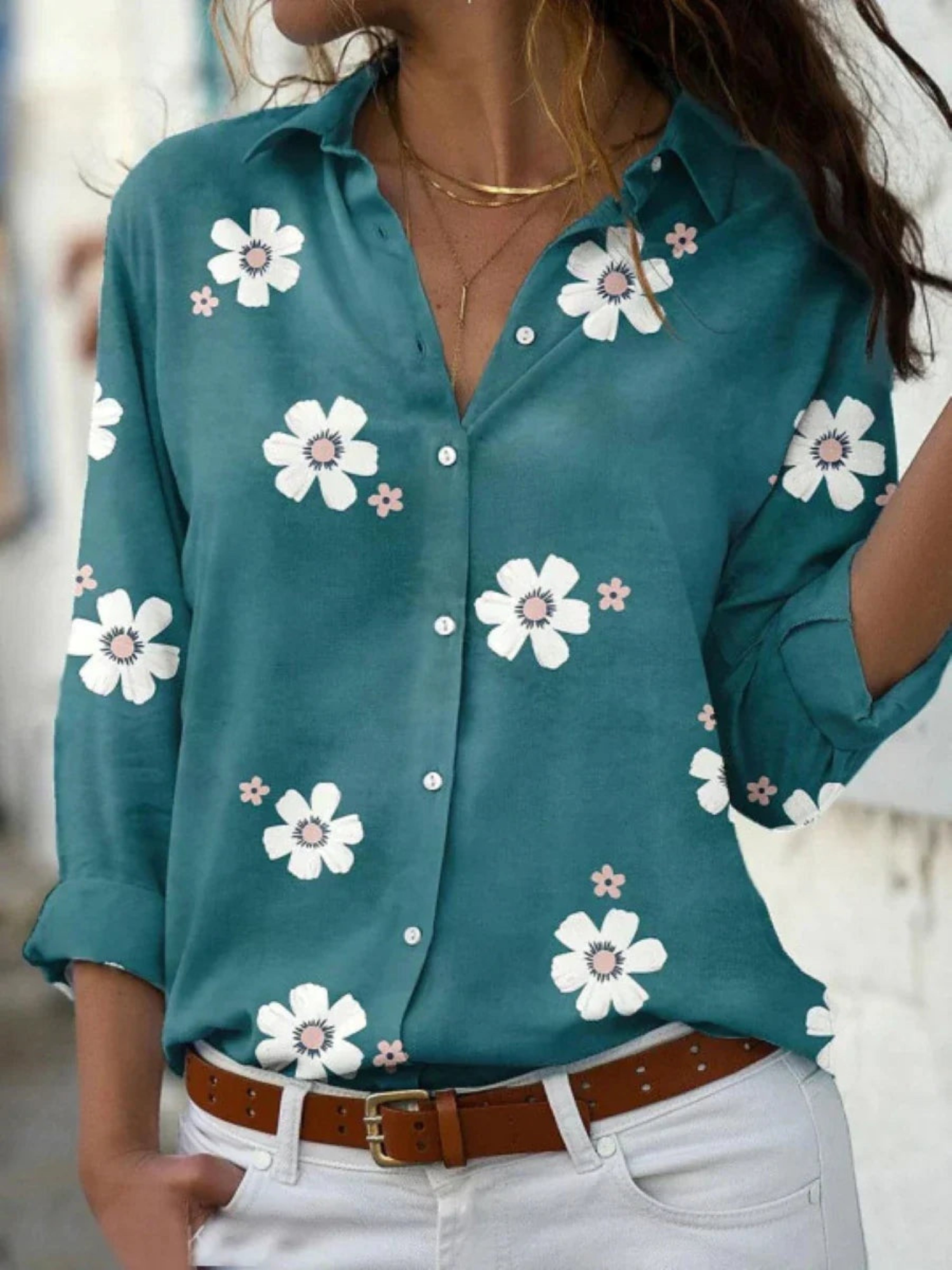 Sandra | Camisa Estampada de Manga Larga Mujer Botones