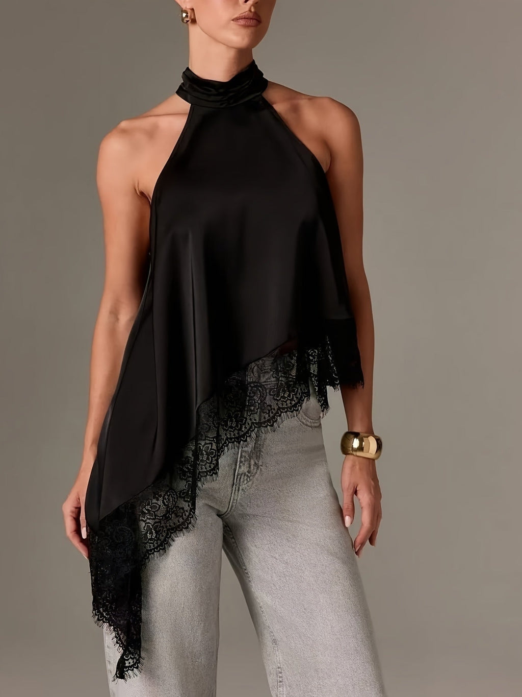 Eva | Top Halter Asimétrico con Encaje Mujer Cuello Alto