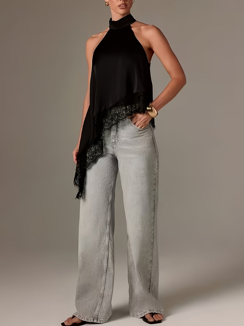 Eva | Top Halter Asimétrico con Encaje Mujer Cuello Alto