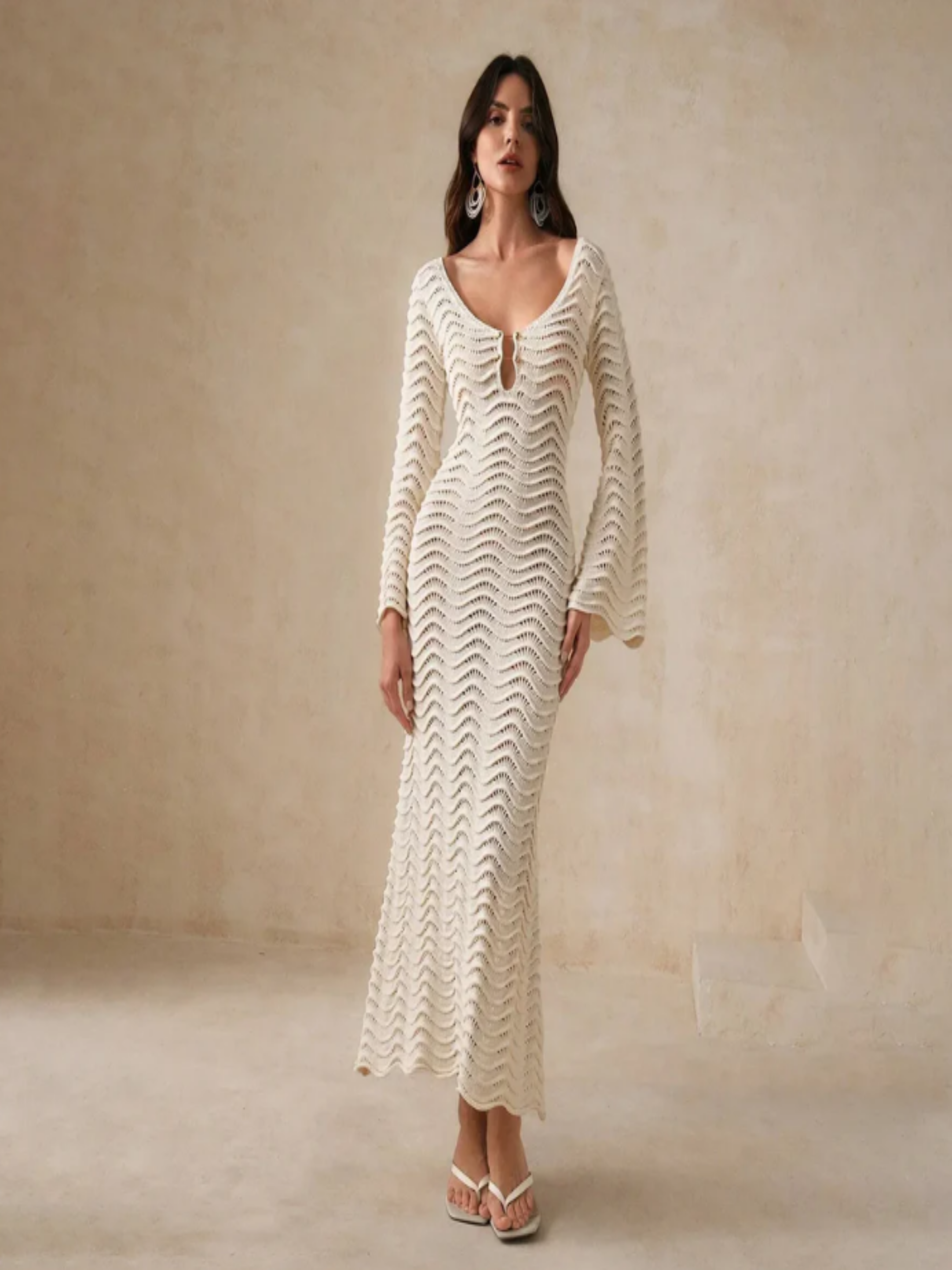 Paloma | Vestido Midi Crochet Calado Mujer Manga Acampanada Escote V