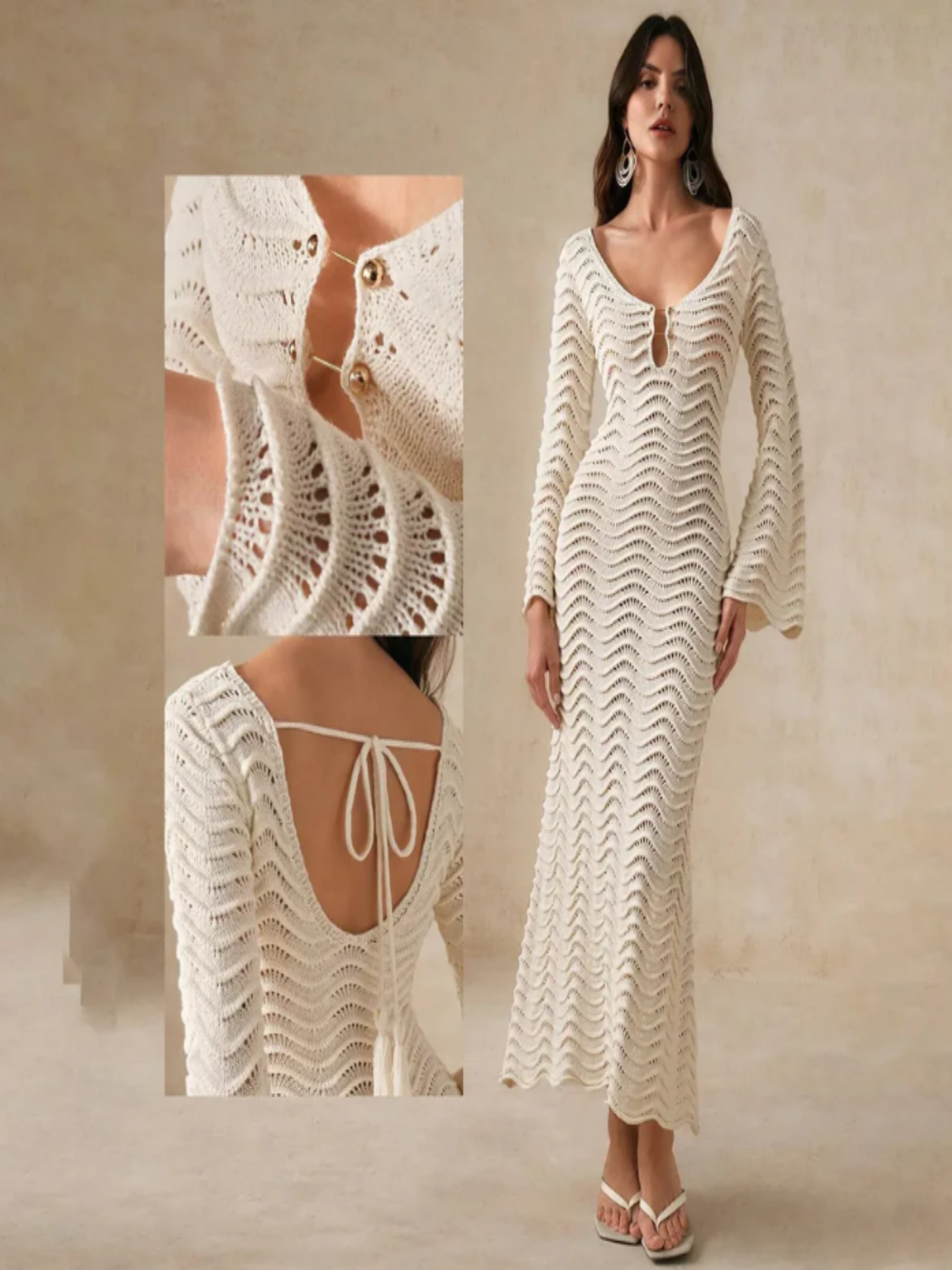 Paloma | Vestido Midi Crochet Calado Mujer Manga Acampanada Escote V