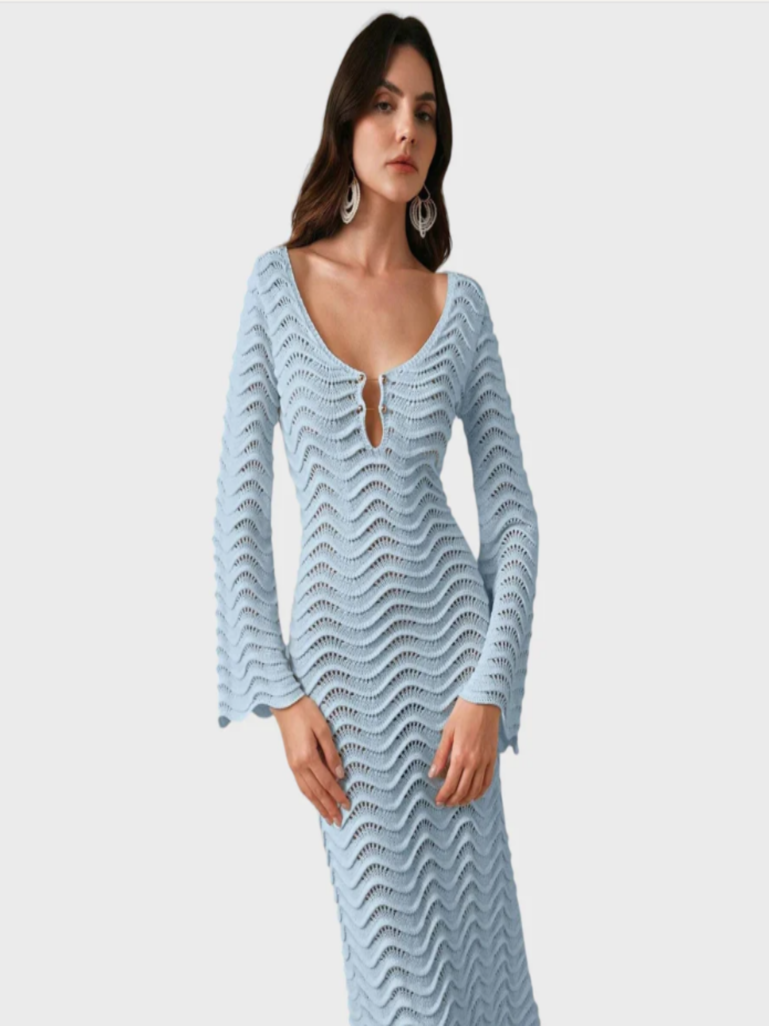 Paloma | Vestido Midi Crochet Calado Mujer Manga Acampanada Escote V