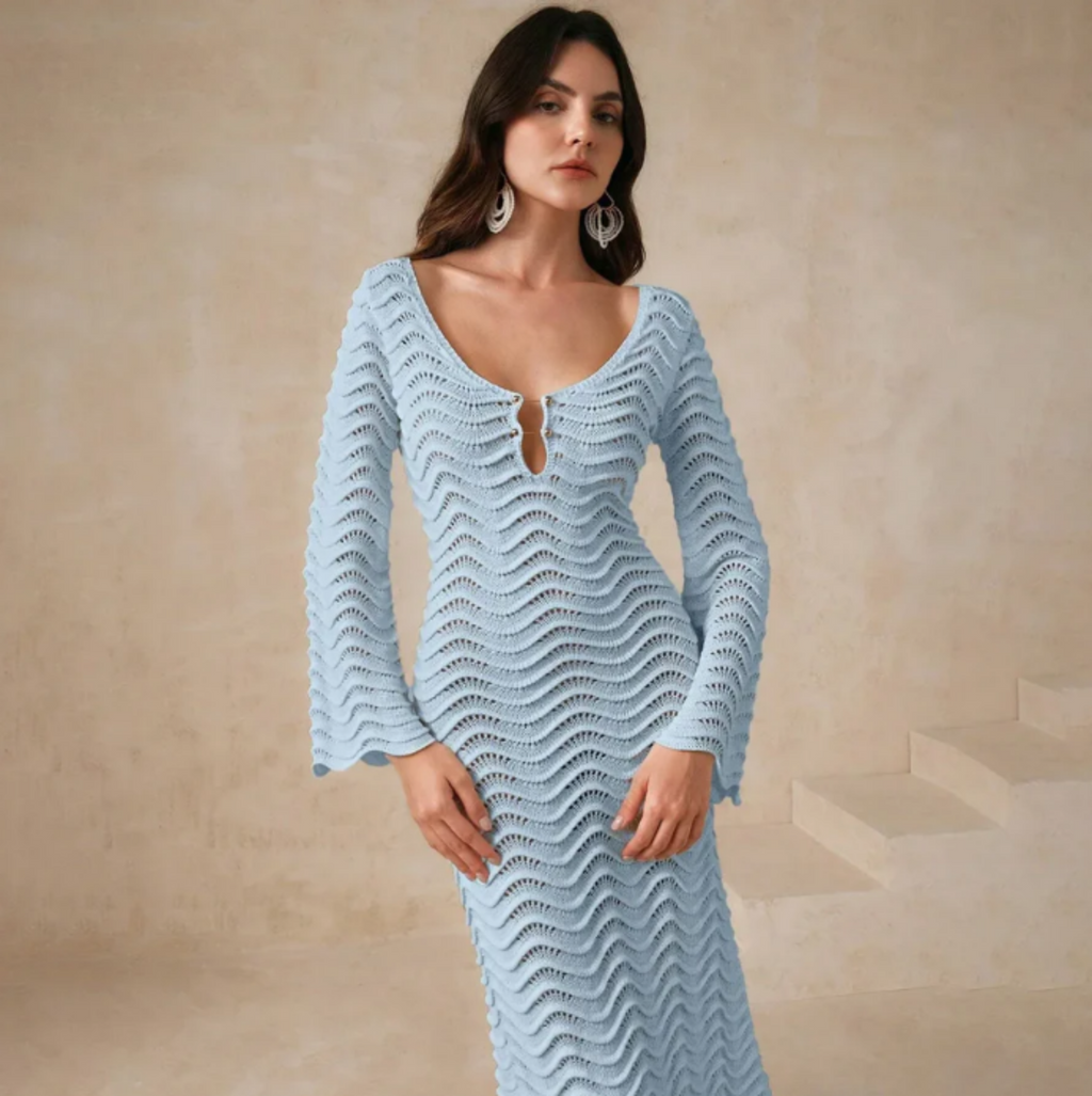 Paloma | Vestido Midi Crochet Calado Mujer Manga Acampanada Escote V