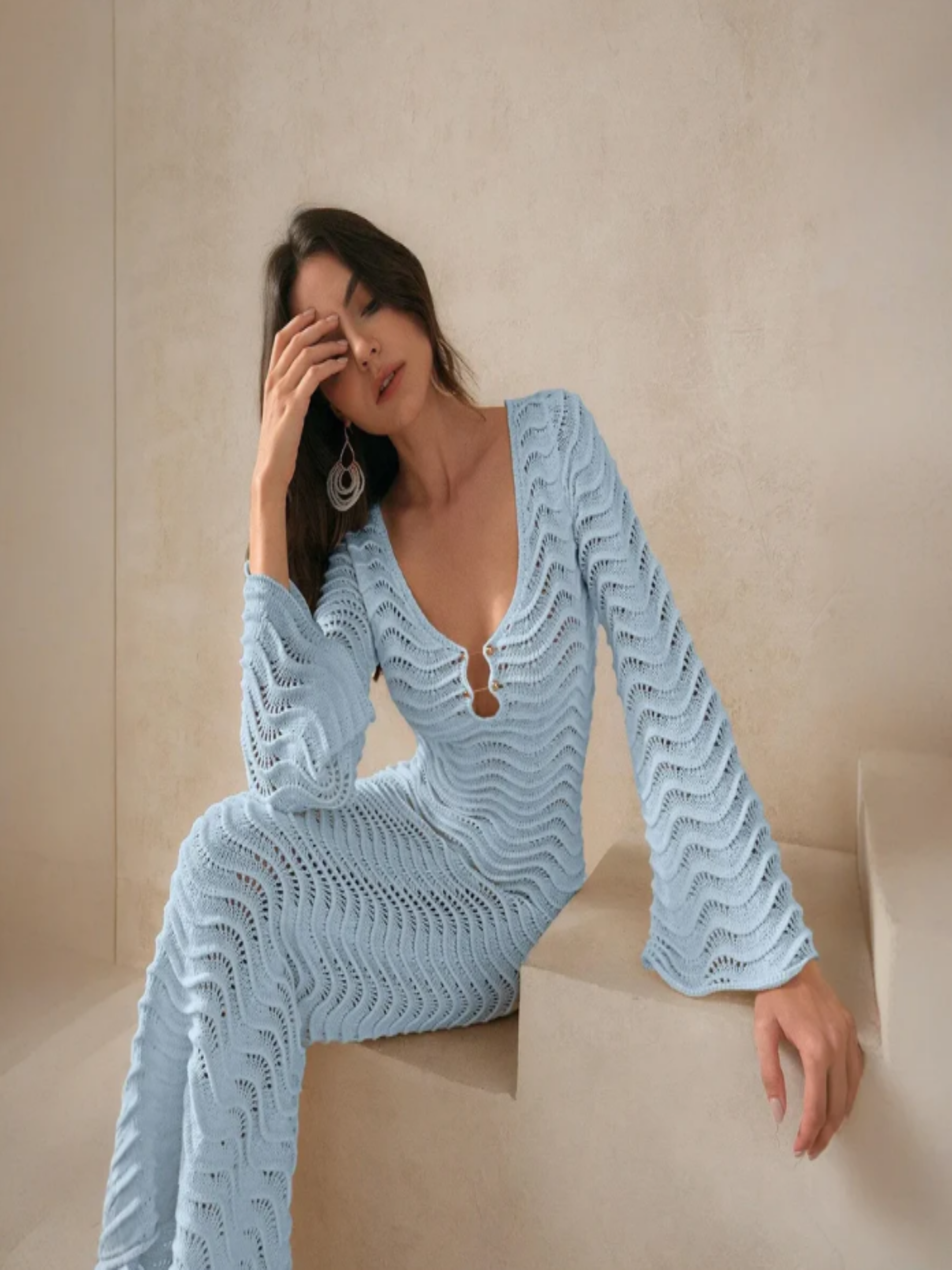 Paloma | Vestido Midi Crochet Calado Mujer Manga Acampanada Escote V