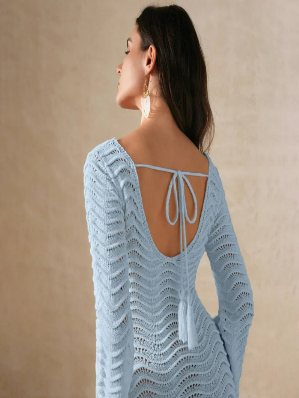Paloma | Vestido Midi Crochet Calado Mujer Manga Acampanada Escote V
