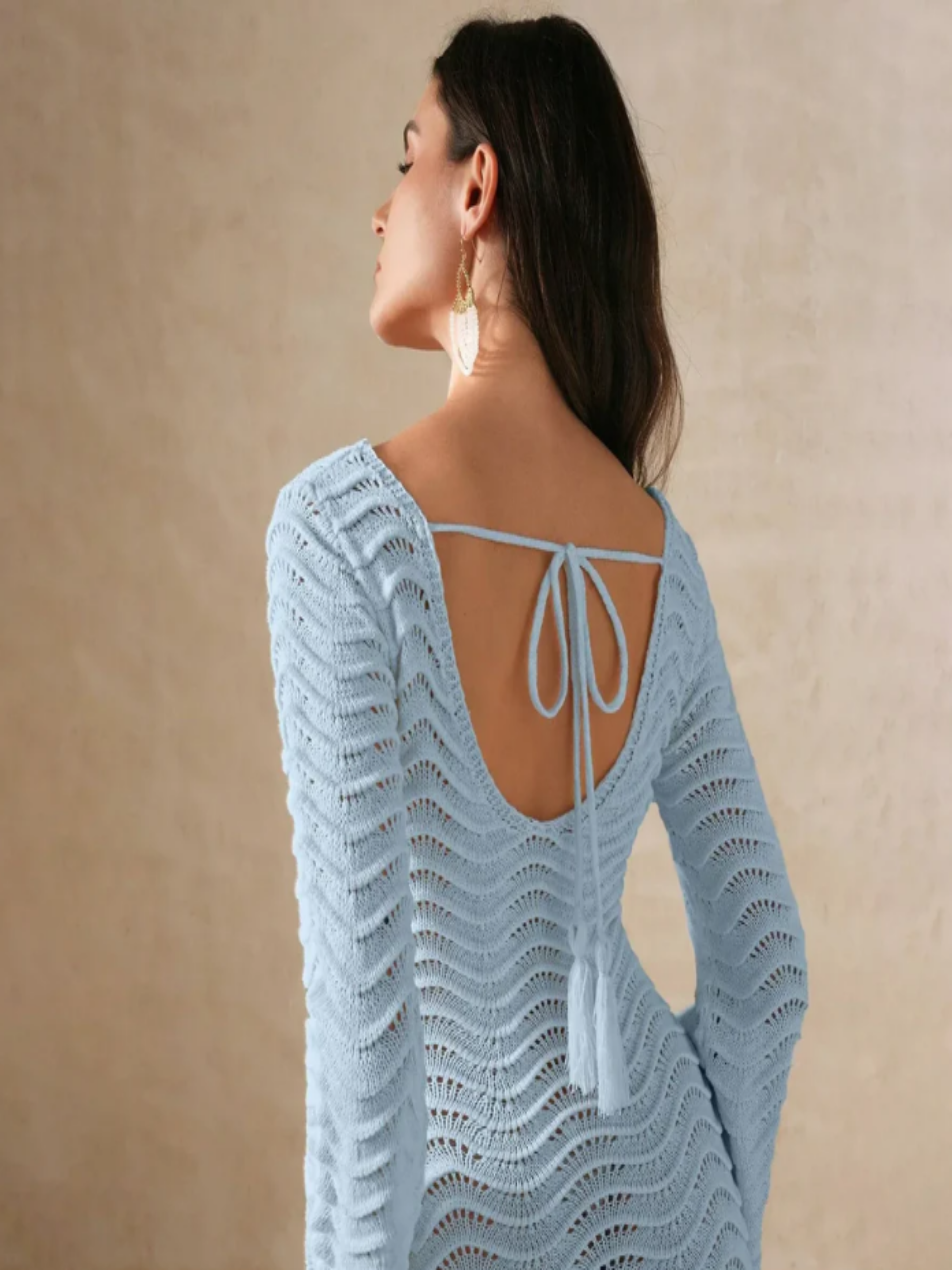Paloma | Vestido Midi Crochet Calado Mujer Manga Acampanada Escote V