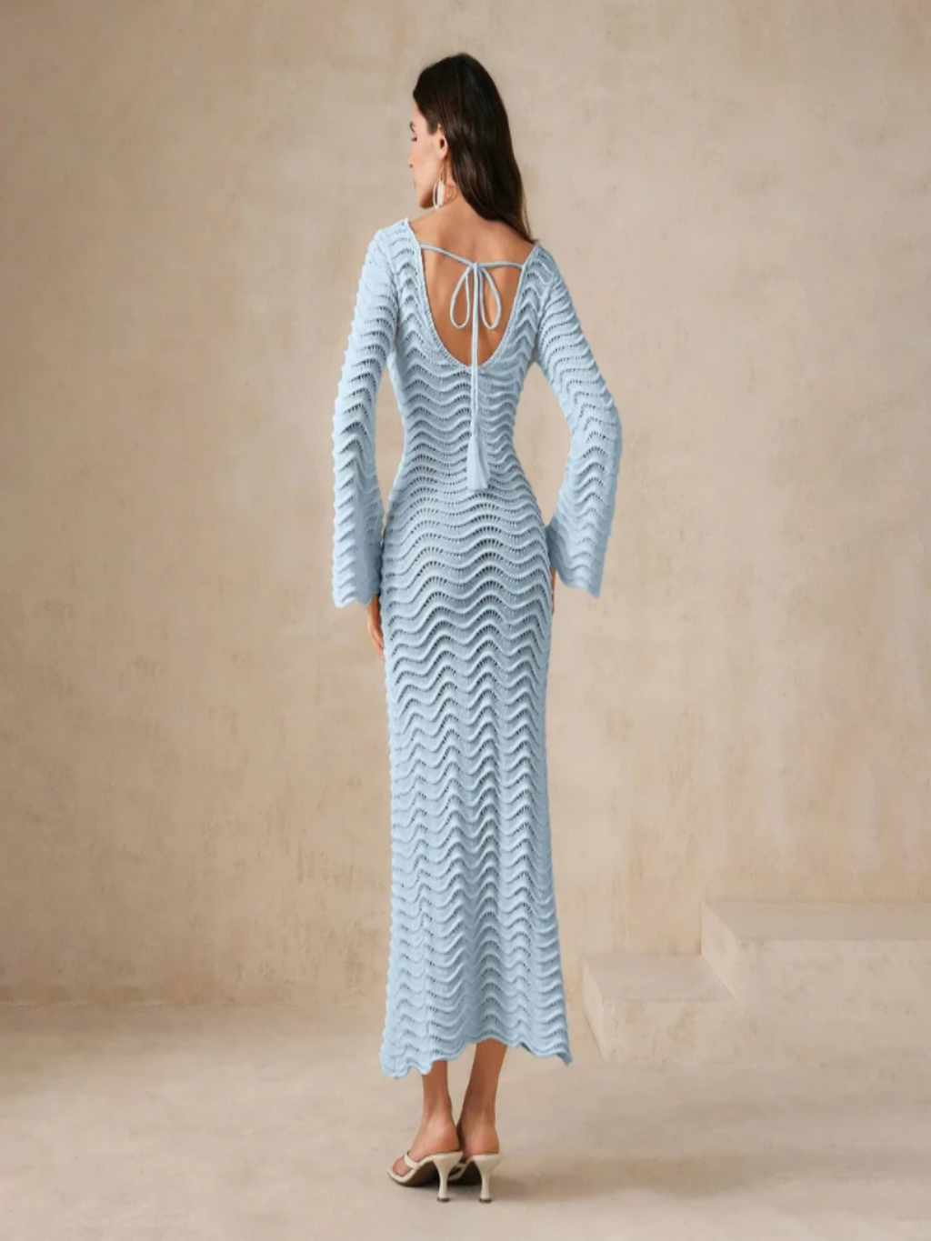 Paloma | Vestido Midi Crochet Calado Mujer Manga Acampanada Escote V