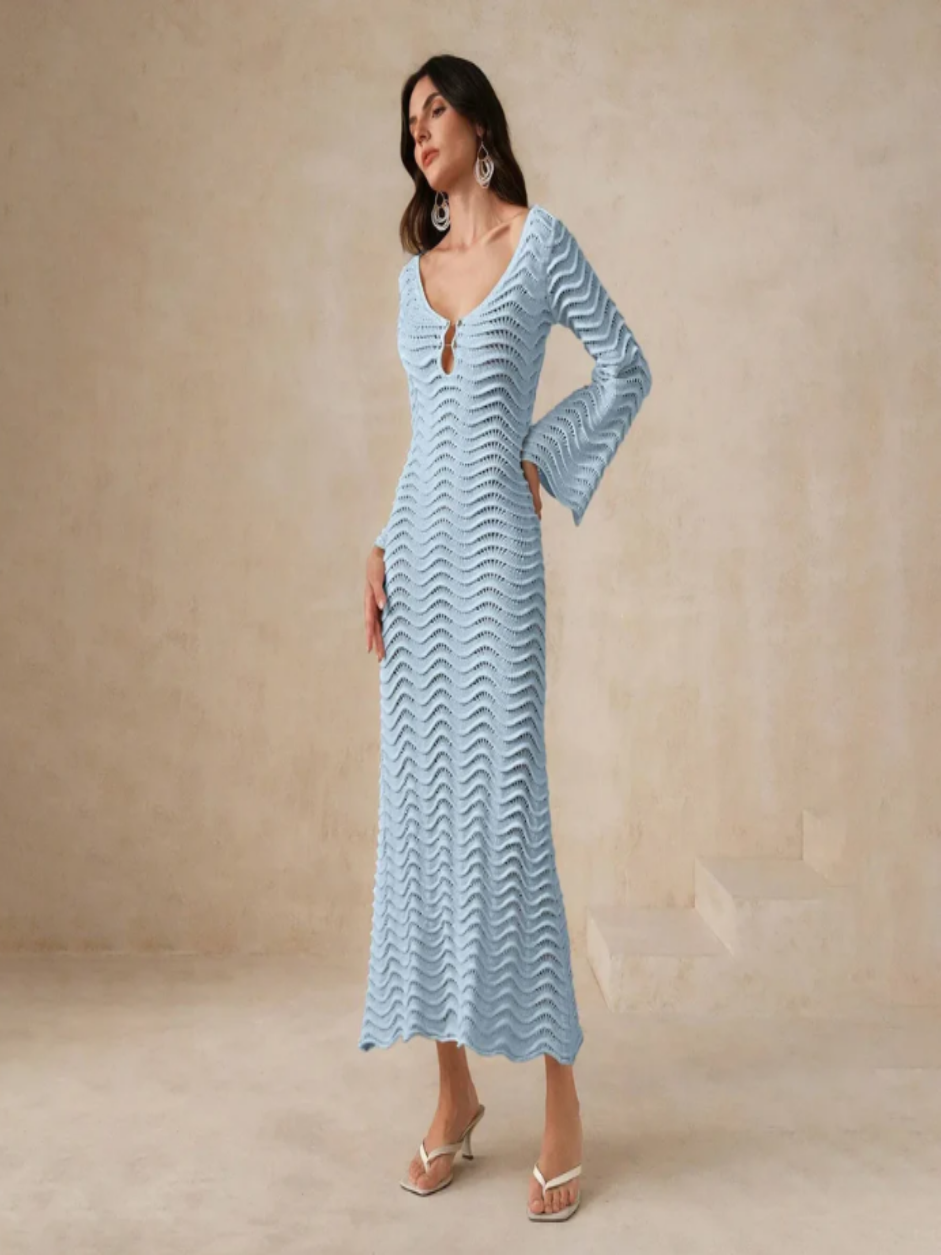 Paloma | Vestido Midi Crochet Calado Mujer Manga Acampanada Escote V