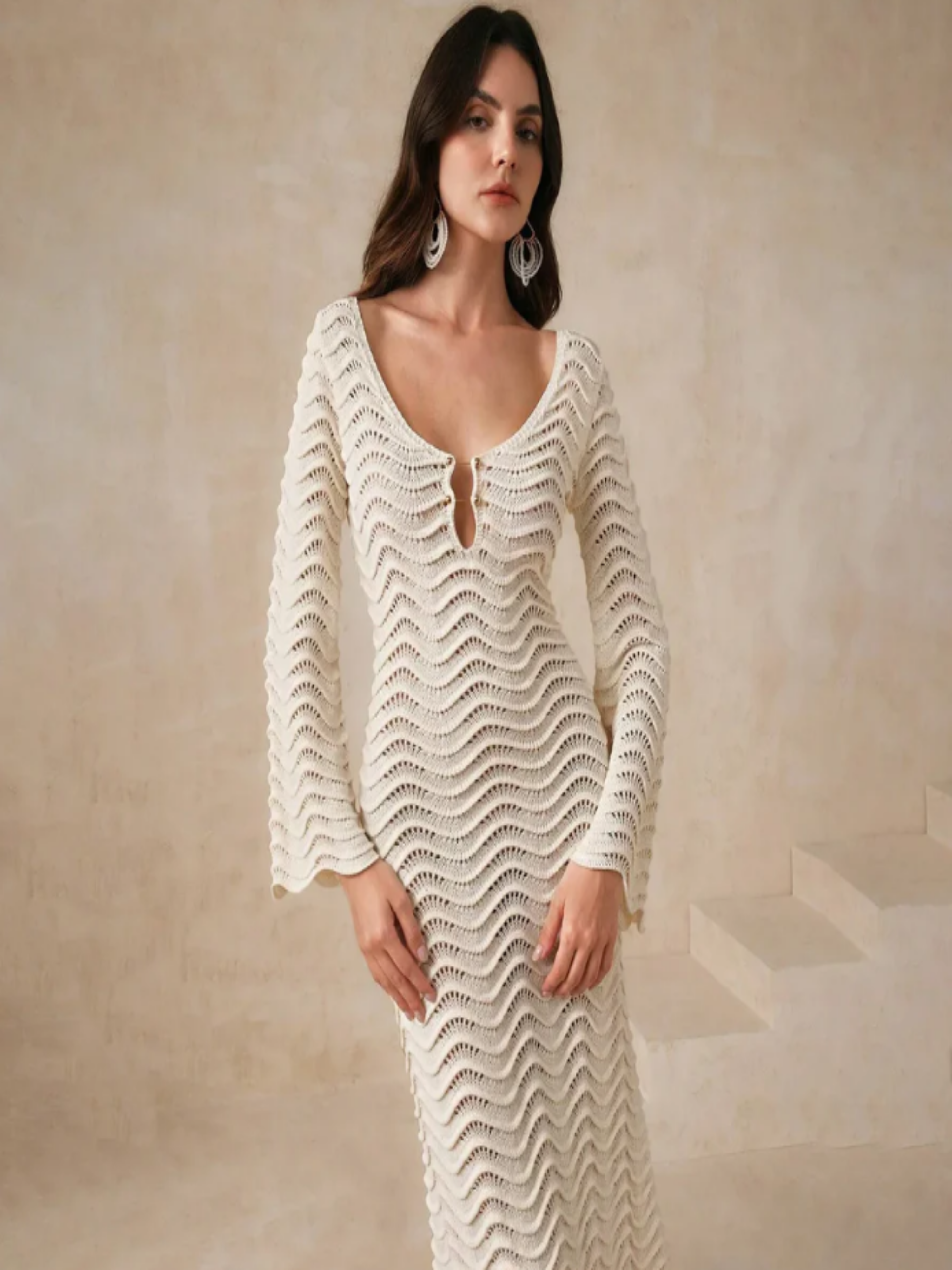 Paloma | Vestido Midi Crochet Calado Mujer Manga Acampanada Escote V