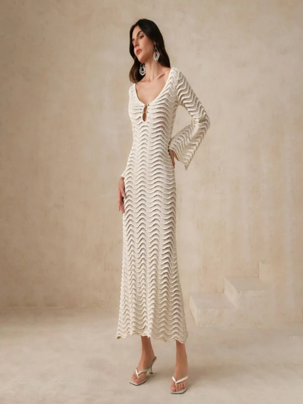 Paloma | Vestido Midi Crochet Calado Mujer Manga Acampanada Escote V