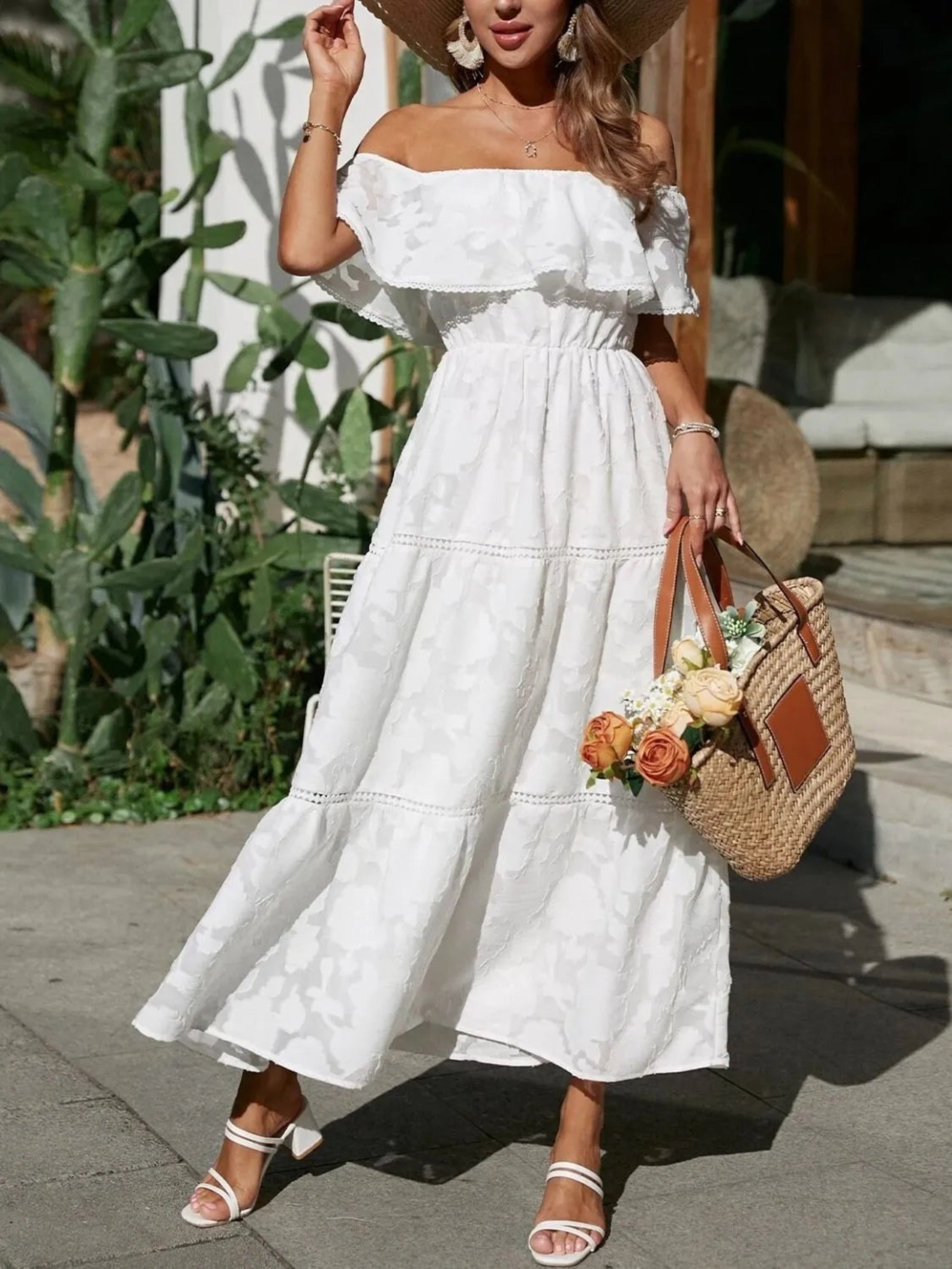 Marisol | Vestido Largo con Hombros Descubiertos Mujer Volantes