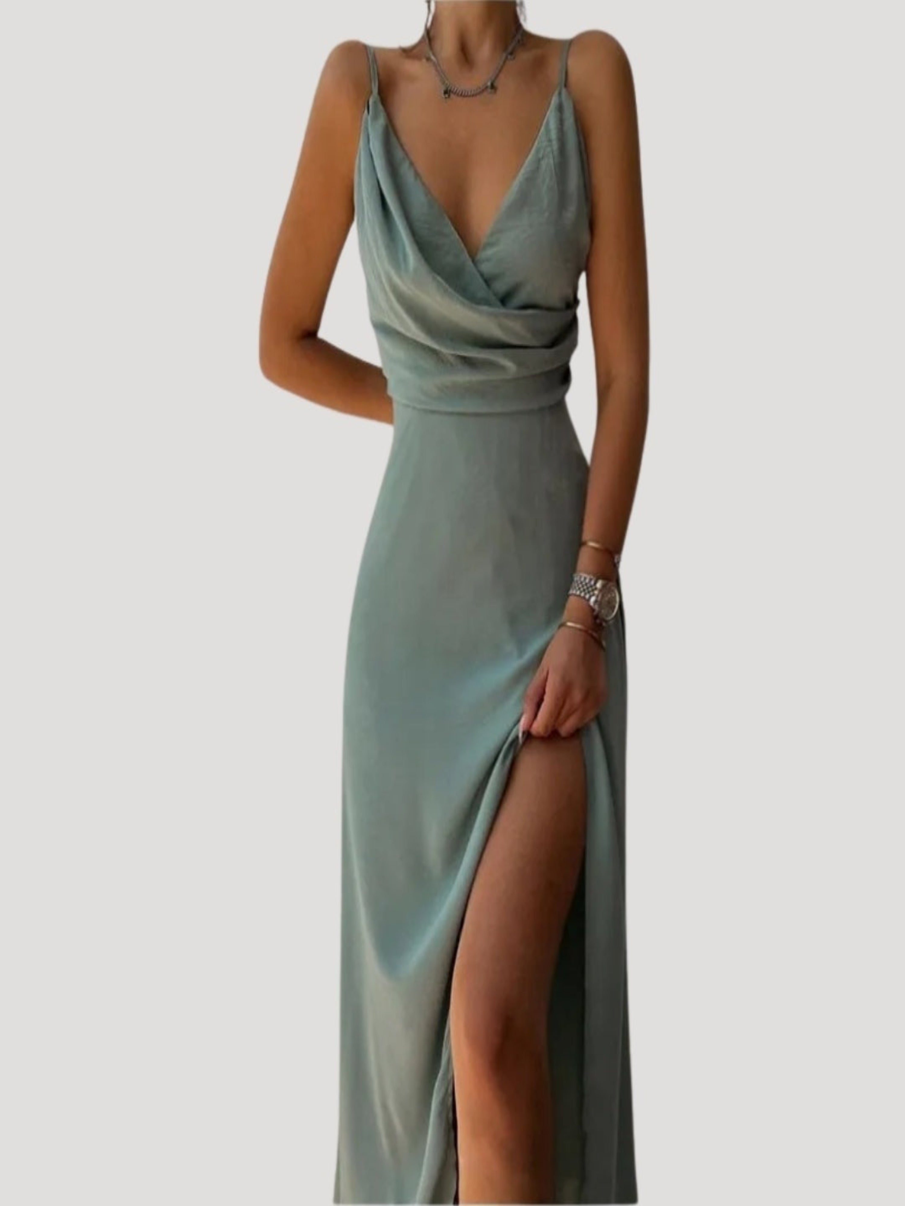 Montserrat | Vestido Largo de Cóctel Drapeado Mujer Tirantes Escote V