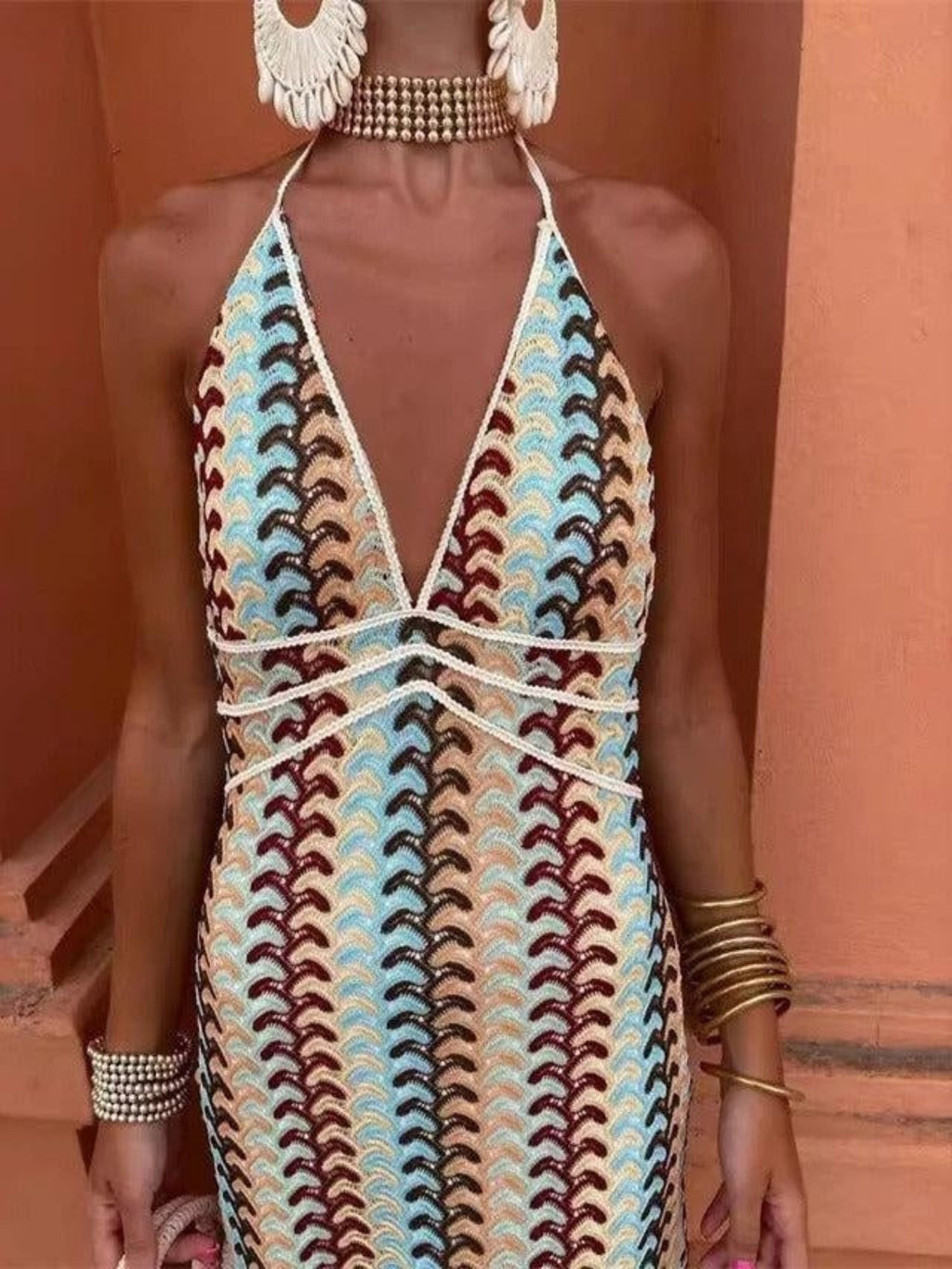 Miriam | Vestido Largo Halter Estampado Geométrico Mujer Escote Profundo