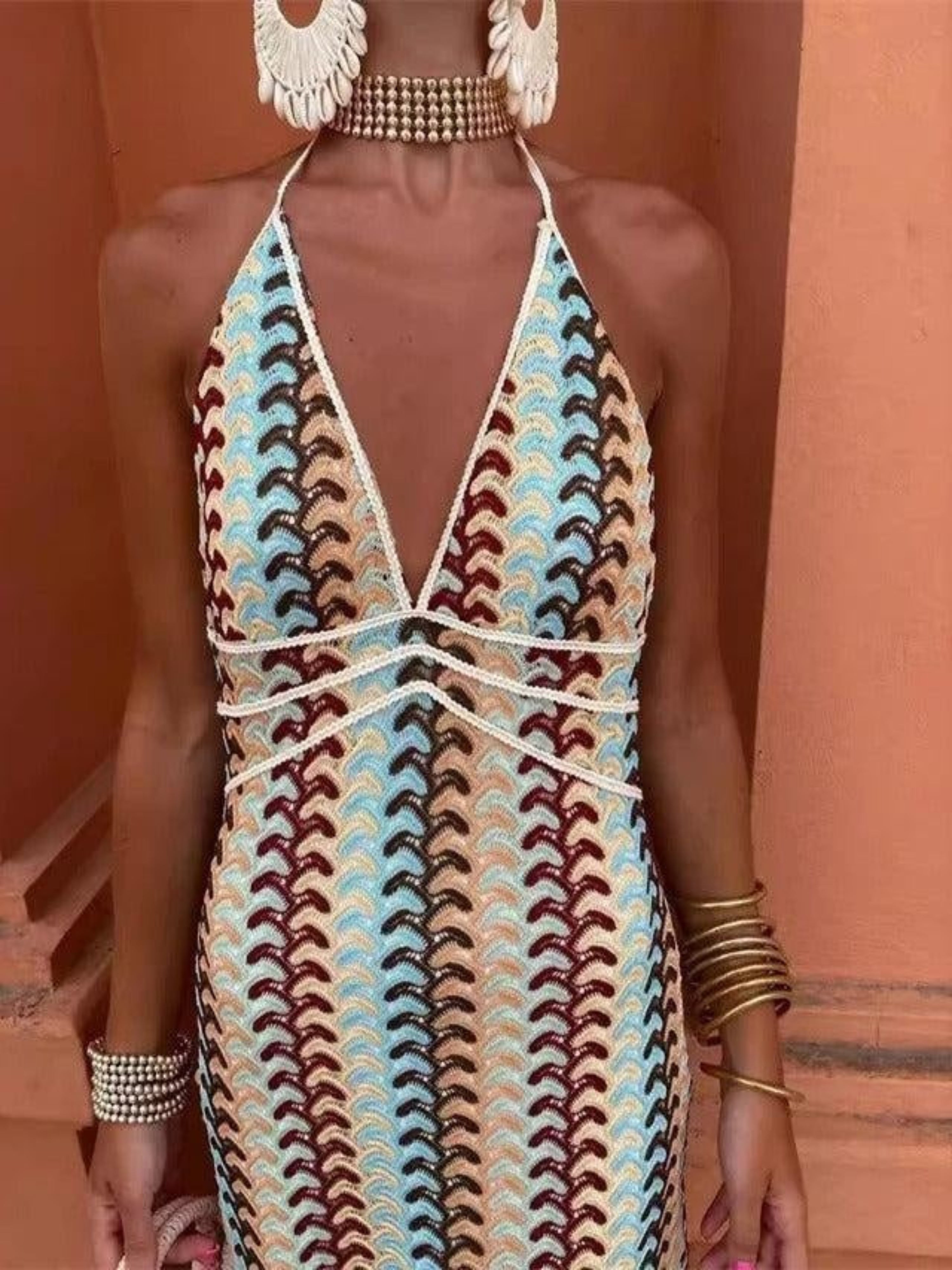Miriam | Vestido Largo Halter Estampado Geométrico Mujer Escote Profundo
